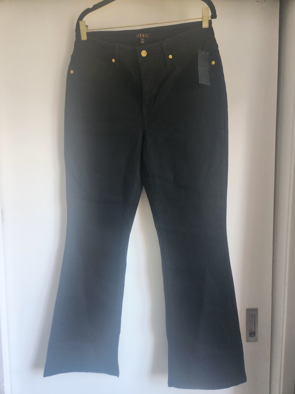 IMAN Global Chick Black Bootcut Jeans with Gold Hardware 14